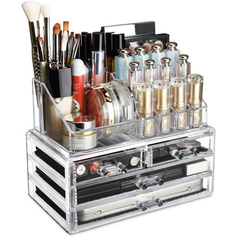Acrylic Makeup Organizer with 4 Drawers and Removable Top Lipstick Holders
